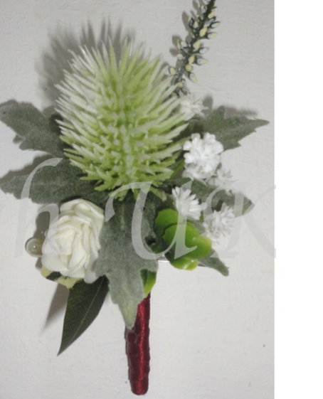 Natural green Thistle & Heather Buttonhole